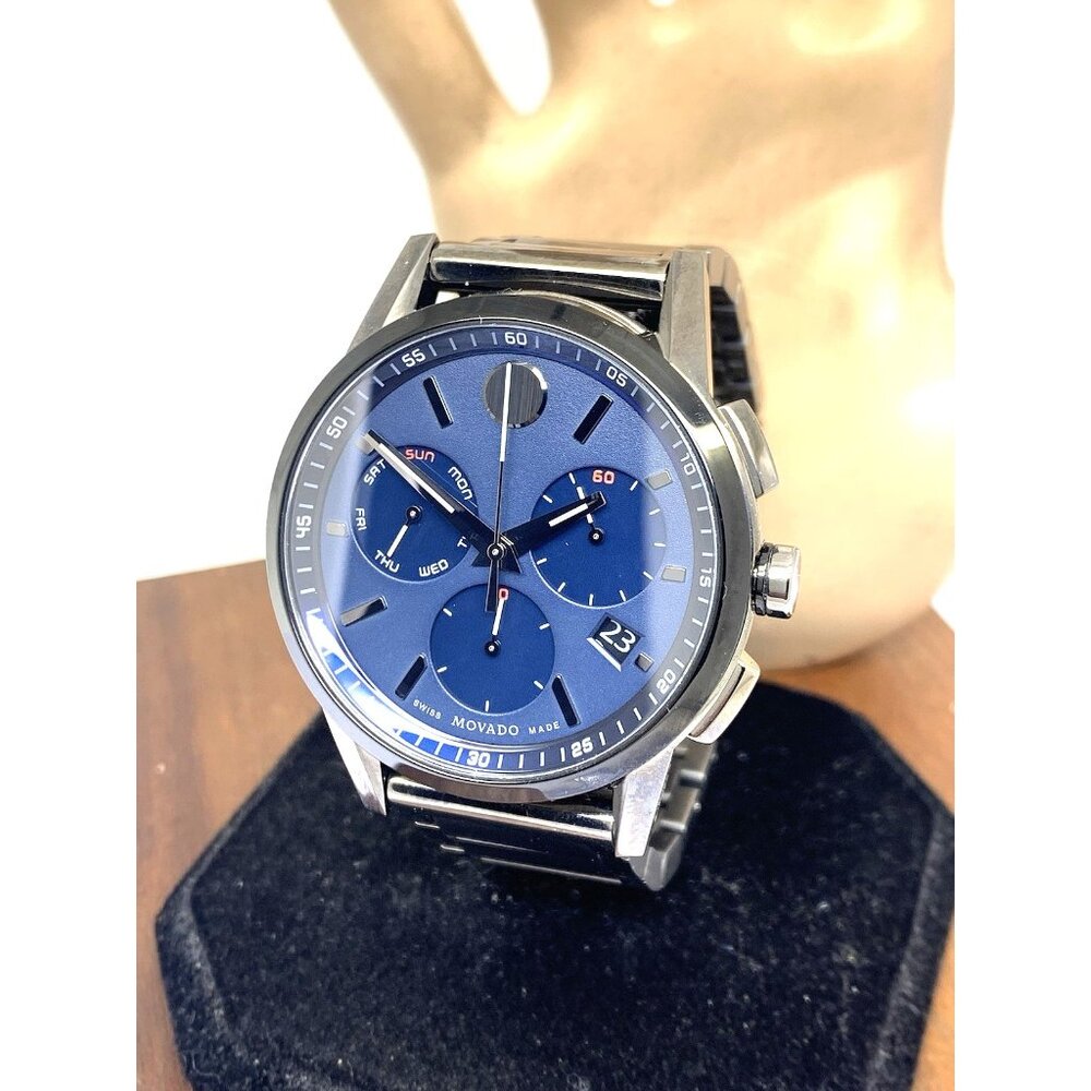 Movado Mens Watch 0607624 Blue Dial Swiss Quartz Chronograph Black Gunmetal 43mm